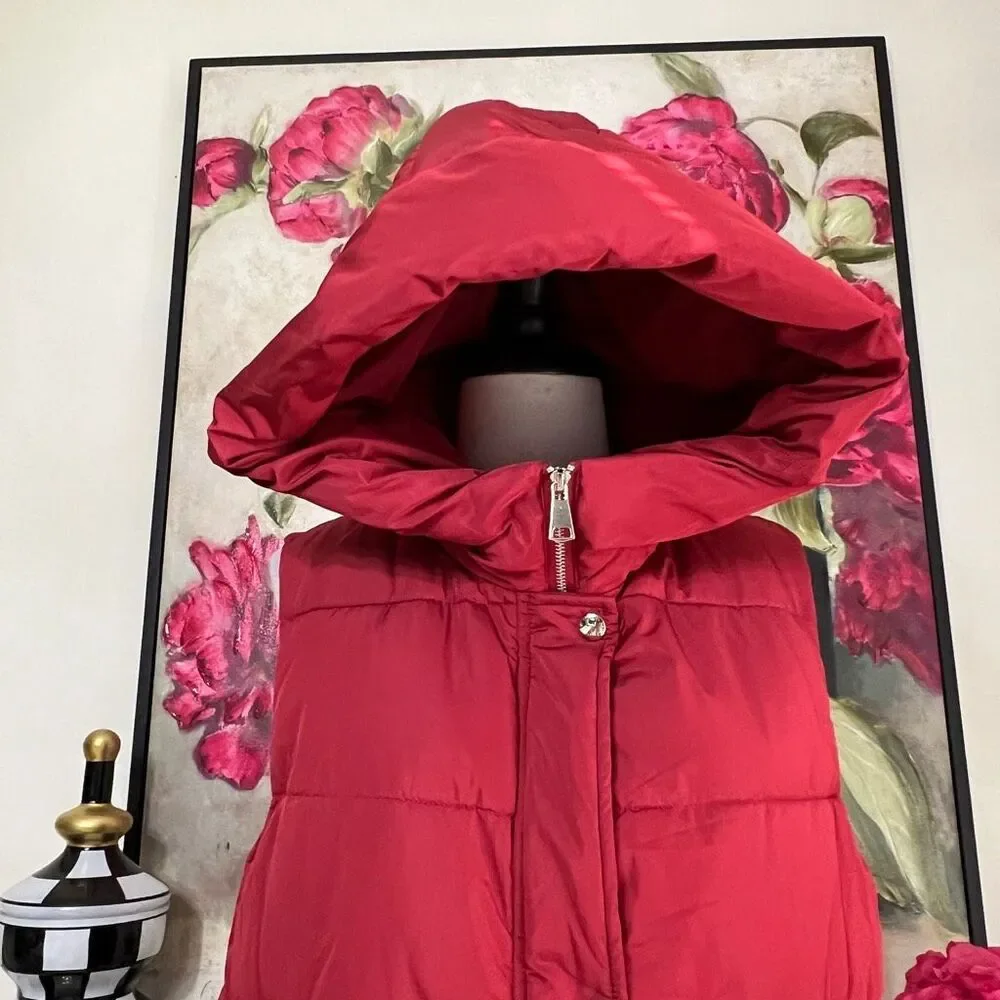 Women's Hooded Sleeveless Quilted Long Down Full Zip Puffer Vest Burgundy Small
